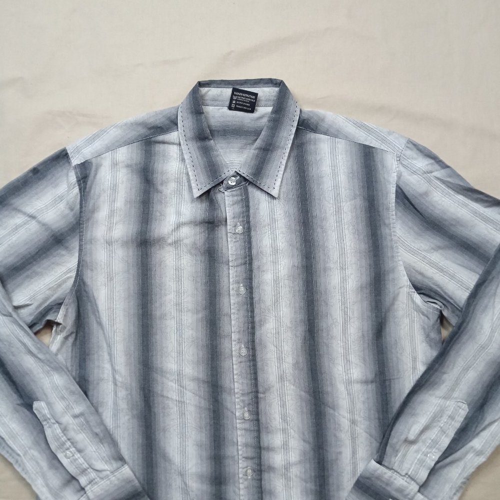 Irreverent Mens Casual Button Down Shirt Size L Gray Striped Cotton Barrel Cuff - Picture 3 of 8